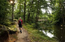 Ein Mann wandert einen Fluss entlang. Im Hintergrund ist eine große hölzerne Brücke zu sehen. 