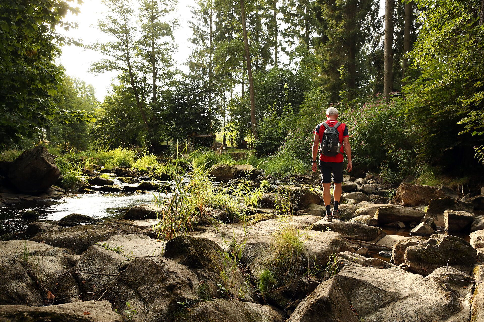 Ein Wanderer überquert einen Fluss und steigt über mehrere Steine. 