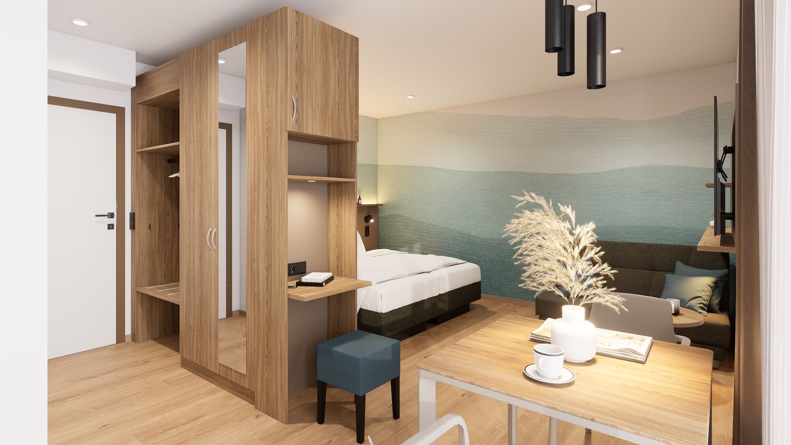 Modern eingerichtetes Apartment mit Holzmöbeln, einem Bett, einem kleinen Tisch mit Stuhl und dekorativen Pflanzen.
